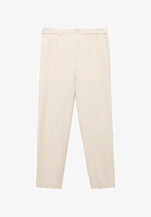 Svetlo béžové nohavice s vertikálnymi pruhmi, vyrobené z mäkkého materiálu. Majú zapínanie na gombík, dve predné vrecká a voľný strih.