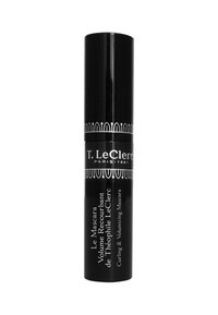 Tubetto di mascara cilindrico nero con testo argentato e accenti decorativi. Il testo recita: "Le Mascara Volume Recourbant di Theophile LeClerc."