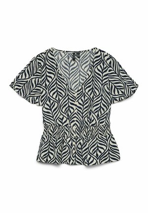Korte mouwen blouse met een zwart-wit abstract bladmotief, V-hals, knopen aan de voorkant en een elastische taille.