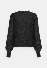 Zwarte gebreide trui met een hoge hals, voorzien van een gestructureerd ontwerp en verspreide zilveren pailletten voor extra detail. Lange, opgeblazen mouwen.