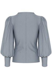 Light blue top with puffed sleeves and a round neckline. Smooth fabric with a back seam detail and fitted cuffs. No embellishments.