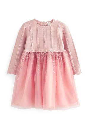 Pink knitted dress with long sleeves, featuring a ribbed bodice and a tulle skirt embellished with sequins and a scalloped neckline.