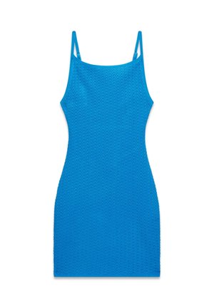 Blaues ärmelloses figurbetontes Minikleid mit dünnen verstellbaren Trägern und strukturiertem Strickmuster.