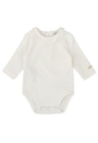 Bodysuit blanco de manga larga para bebé hecho de una tela suave, con un cuello redondeado y cierres a presión en la parte inferior para facilitar el vestirse.