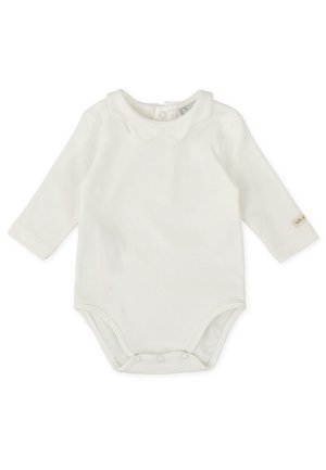 Bodysuit blanco de manga larga para bebé hecho de una tela suave, con un cuello redondeado y cierres a presión en la parte inferior para facilitar el vestirse.