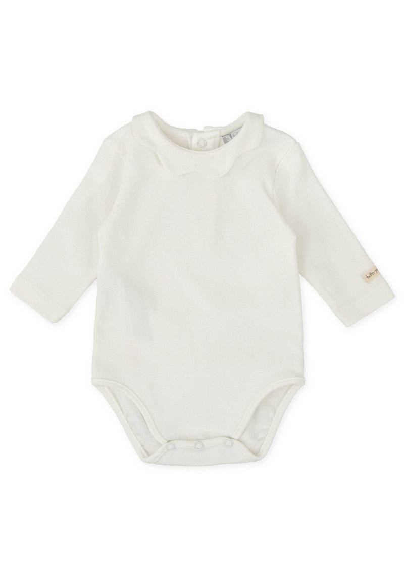 Bodysuit blanco de manga larga para bebé hecho de una tela suave, con un cuello redondeado y cierres a presión en la parte inferior para facilitar el vestirse.