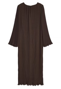 Pitkä, ribattuja pintoja omaava ruskea mekko, jossa on pitkät hihat ja leveät hihansuut. Pyöreä pääntie, jossa pieni vetoketju takana. Sileä kangas.