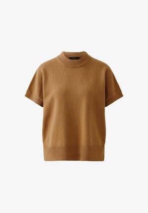 Short-sleeved sweater in warm caramel color, featuring a high neck and a relaxed fit. Made from soft, knitted material with ribbed accents.