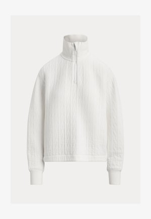 Λευκό πουλόβερ με μισή φερμουάρ, καπιτονέ, με ψηλό γιακά και ριμπ μανσέτες. Διαθέτει υφή με μοτίβο και απαλό ύφασμα για άνεση.