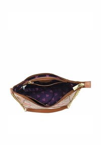 Braune Lederhandtasche mit Kettenakzenten und Reißverschluss. Innenfutter ist lila mit floralem Muster. Verfügt über mehrere Fächer.
