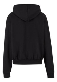 Black hoodie with a kangaroo pocket, ribbed cuffs, and hem. Features a drawstring hood and soft fabric texture. Clean, minimal design.