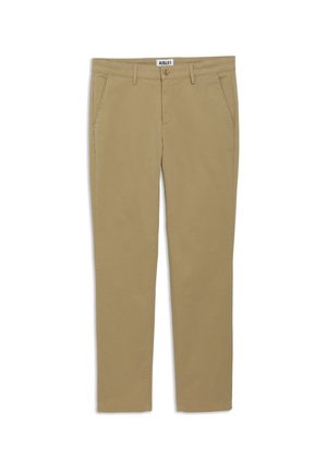 Khaki chinos se střihovými nohavicemi, vyrobené ze směsového bavlněného materiálu. Obsahují přední kapsy a poutka na opasek.