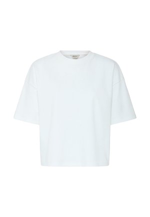 Hvid kortærmet oversized crop top med rund hals, sænkede skuldre, ensfarvet front og mærke inde i kraven.