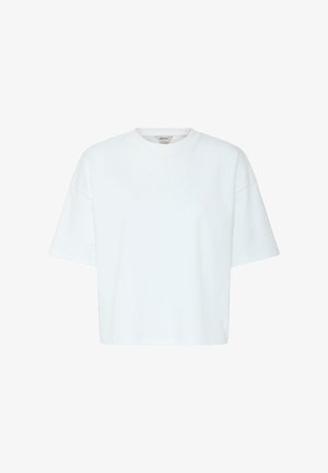 T-shirt blanc oversize à manches courtes, col rond, coupé court avec épaules tombantes, devant uni, et étiquette de marque à l'intérieur du col.