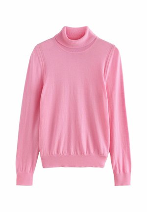 Light pink turtleneck sweater made of soft material. It has long sleeves and a fitted hem with ribbed accents at the collar and cuffs.