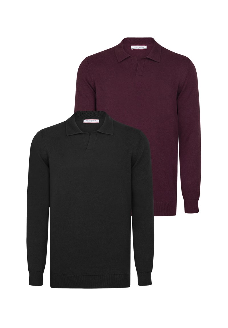 To lange langærmede polo trøjer: en i ensfarvet sort og en i dyb burgundy. Begge har klassisk krave og ribbede manchetter.