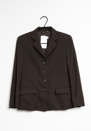 Brown fitted blazer with a notched collar, six button front, and two flap pockets. Made from a smooth fabric with subtle stitching details.