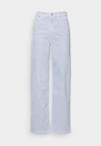 Ljusblå, texturerade vida byxor med knappmidja och fem fickor. Har ett subtilt mönster och rå kant.