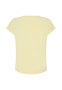 Chemise unie jaune clair à manches courtes avec un col rond, vue de dos sur fond blanc.