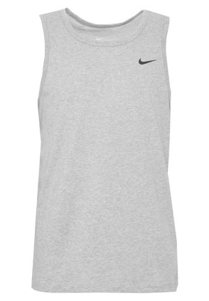 Débardeur Nike gris clair sans manches avec logo swoosh noir sur la partie supérieure gauche de la poitrine, col rond et tissu doux texturé.