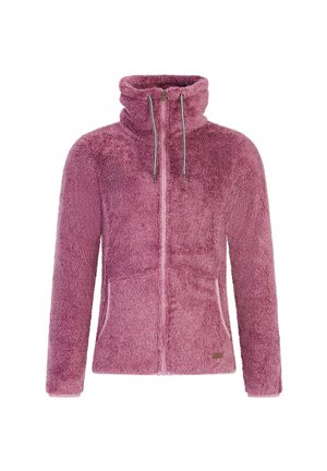 Chlpatá ružová fleecová bunda s vysokým golierom, predným zipsom a dvoma bočnými vreckami; obsahuje čierno-biele šnúrky na úpravu.