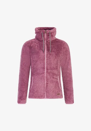 Chlpatá ružová fleecová bunda s vysokým golierom, predným zipsom a dvoma bočnými vreckami; obsahuje čierno-biele šnúrky na úpravu.