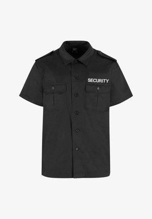 Schwarzes kurzärmeliges Hemd mit spitzem Kragen, zwei Brusttaschen und "SECURITY" in Weiß auf der Vorderseite aufgedruckt. Aus Baumwollgewebe hergestellt.