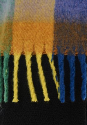 Mehrfarbiger Schal aus Wolle; mit Fransen in abwechselnden Grüntönen, Gelb, Schwarz, Orange und Blau sowie weicher Textur.