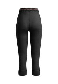 Black capri leggings with a soft texture, featuring a wide waistband with a contrasting logo, ending just below the knee with a fitted cuff.