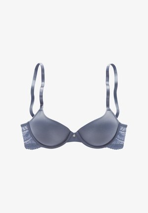 Bra featuring a smooth, satin-like material in a dark blue color. Lace accents along the sides and adjustable straps. Underwire support included.