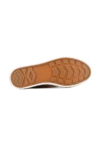 Semelle en caoutchouc avec un motif texturé, présentant une base marron et un bord blanc. Conçue pour une traction optimale avec des rainures flexibles et des formes en diamant.