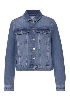 Blå denimjakke med lange ærmer, knaplukning foran, to brystlommer med klap og knapper samt en krave.