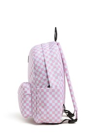 Zaino a quadri rosa e bianco con tasca laterale, spallacci regolabili e maniglia superiore. Realizzato in tessuto resistente.