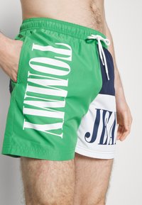 Costume da bagno verde con testo "TOMMY" bianco, caratterizzato da un design a pannelli contrastanti in blu navy e bianco, vita elastica e chiusura con cordino.