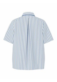 Chemise à manches courtes rayée verticalement bleu et blanc avec un pli central dans le dos et un col classique, vue de dos sur un fond blanc.