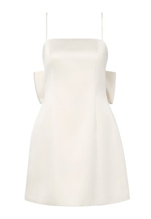 Weißes Satin-Minikleid mit dünnen Trägern und großen, strukturierten seitlichen Schleifen, tailliertem Oberteil und leichter Ausweitung am Saum.