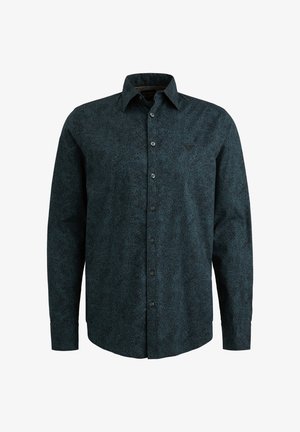 Dugulja s dugim rukavima u tamno tirkiznoj boji s teksturiranim uzorkom. Ima ovratnik na kopčanje, pet dugmadi i suptilni logo na prsima.