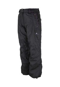 Zwarte geïsoleerde broeken met een gestructureerde afwerking, voorzien van paarse accenten, ritszakken en een drukknoopsluiting in de taille.