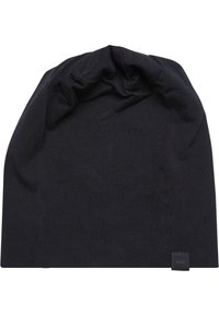 Berretto nero realizzato in un tessuto morbido e stretch. Il design è morbido, con un'etichetta sul bordo inferiore. Finitura testurizzata.