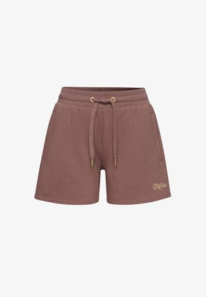 Bruine katoenen shorts in een blend met een trekkoord in de taille, zijzakken en een gouden logo detail. Zachte textuur en casual ontwerp.