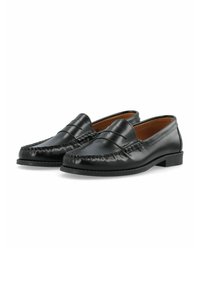 Zwarte leren loafers met een ronde neus, gestikte details langs de zool en een gladde textuur. Laag profiel hak, klassieke instapontwerp.