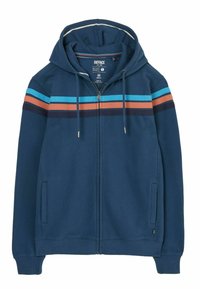 Navy blue zip-up hoodie with a drawstring hood, featuring horizontal stripes in light blue, orange, and dark brown across the front.