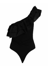 Maillot de bain noir asymétrique avec un voile en mesh plissé sur la poitrine et l'épaule.