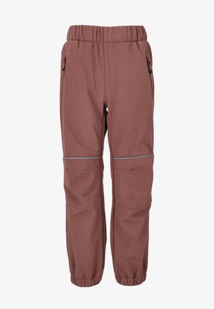 Brune strækstofbukser med elastisk talje, lynlåslommer og reflekterende detaljer; tætsiddende ben med elastiske manchetter.