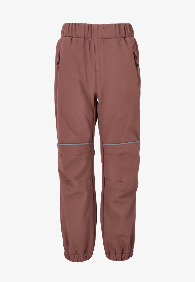 Braune dehnbare Stoffhosen mit elastischem Bund, Reißverschlusstaschen und reflektierenden Akzenten; tapered Beine mit elastischen Bündchen.