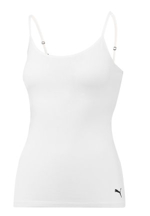Hvit tanktopp laget av glatt stoff, med tynne justerbare stropper og en liten svart logo på nederste høyre side.