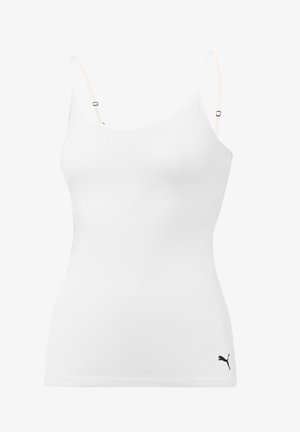 Witte tanktop van gladde stof, met dunne verstelbare bandjes en een klein zwart logo aan de onderkant rechts.