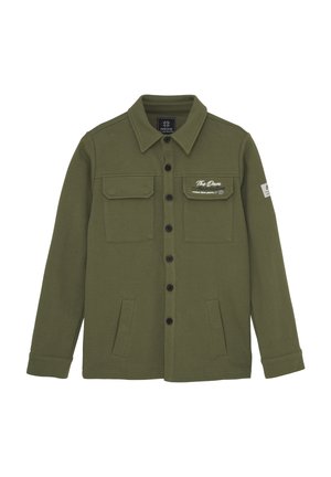Olijfgroene jas van zacht materiaal, met een knopenfront, twee borstzakken, zijzakken en geborduurde logoaccenten.