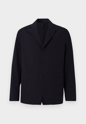 Blazer azul-marinho em tecido texturizado, de um botão, com três botões, lapelas em picote, dois bolsos frontais e um ajuste descontraído.