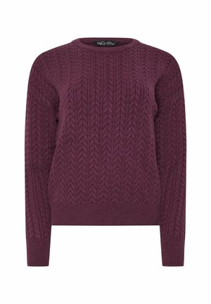 Suéter de punto texturizado en burdeos profundo, con un cuello redondo y puños y dobladillo acanalados. Hecho de una tela suave y cálida con un patrón de trenzas.